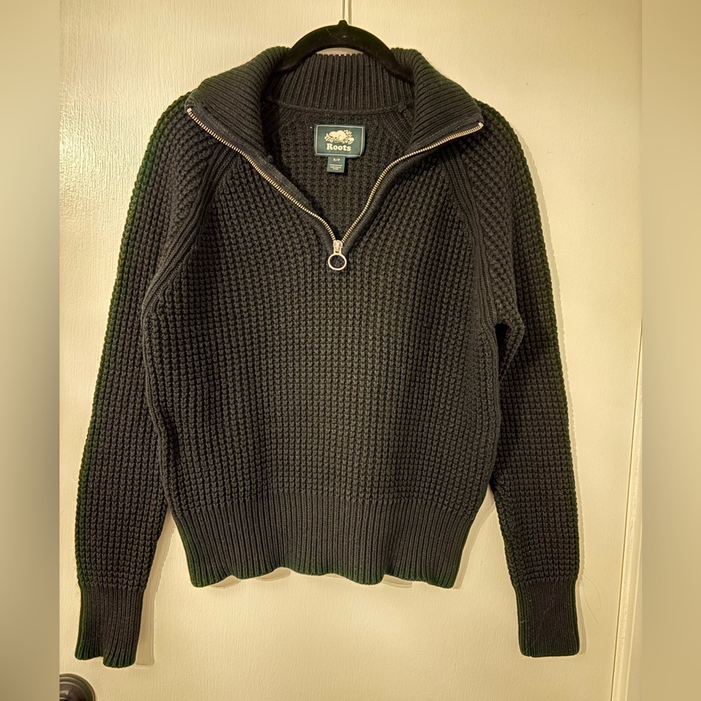 Roots | Waffle Knit | Quarter 1/4 Zip Sweater | Black | Small | Cotton Wool